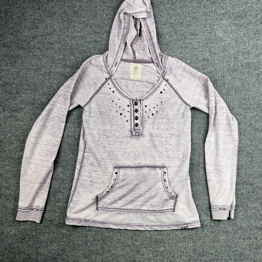 Roxy Hoodie Juniors Medium Purple Studded Henley Pullover Kangaroo Pocket Top
